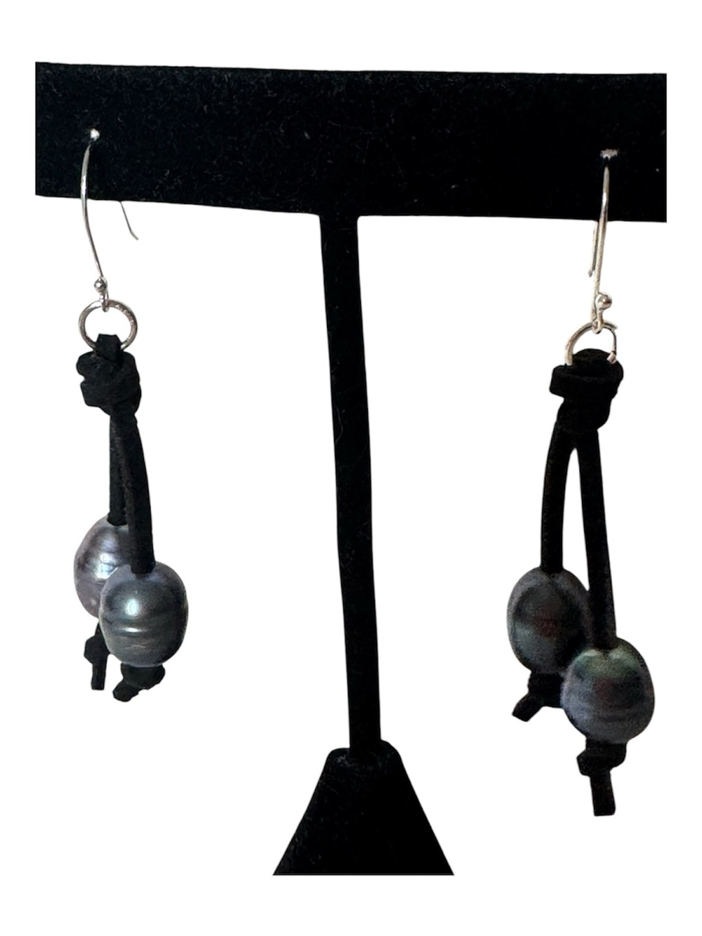 Sundance 925 Silver Black Suede Earrings with Iridescent Tahitian Pearls NEW